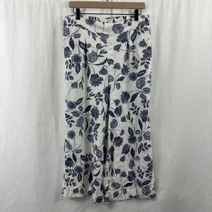 Ella Moss Blue Floral Linen Wide Leg Pants Womens Size L Coastal Beach